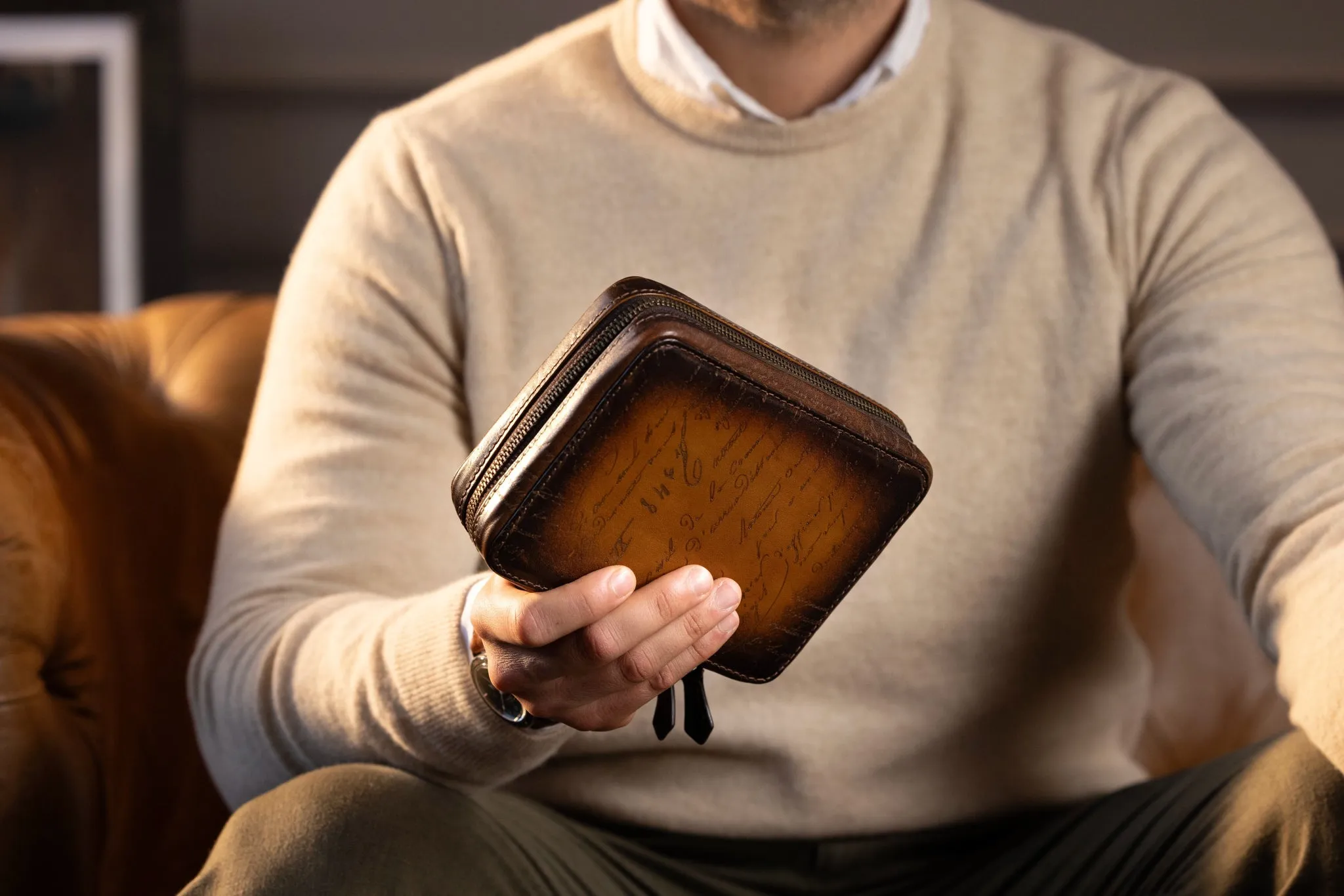 Zipper Watch Case - Parchment Patina Light Tan